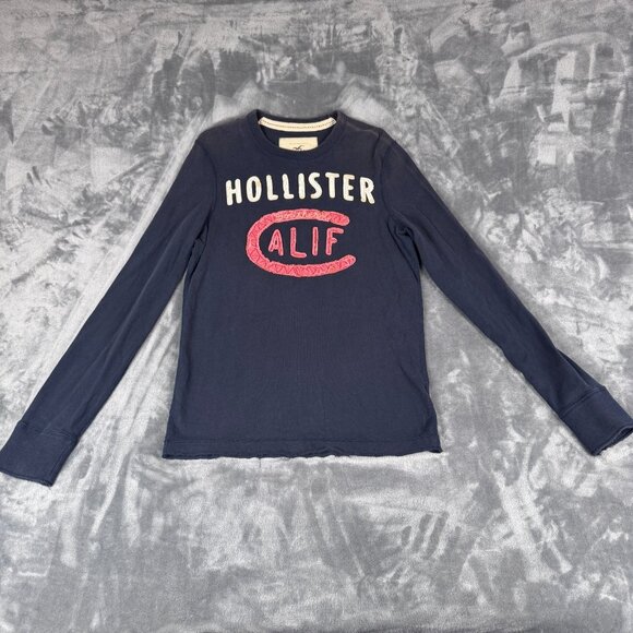 VTG Hollister Y2K Mens Small Navy Distressed HCO Long Sleeve Preppy Stitched - Picture 1 of 10